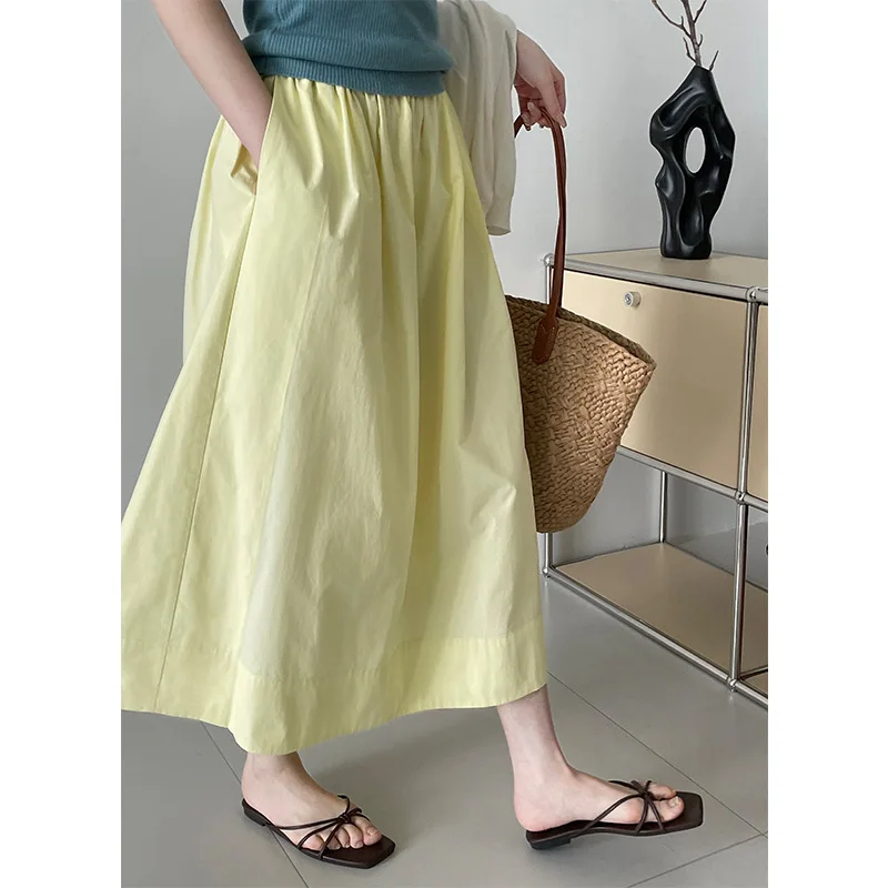 Summer Pure Cotton Pocket Skirts High Elastic Waist Korean Casual A-line Midi Skirts