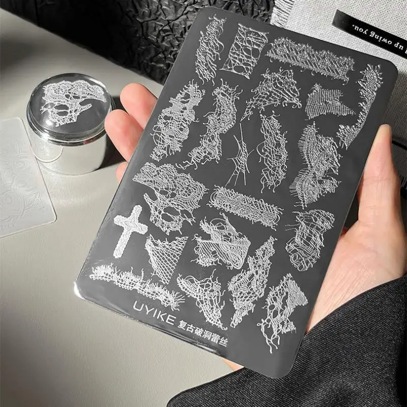 Lace Nail Art Stamping Tools Rust-Proof Stainless Steel Stripes Lace Templates Nail Polish Transfer Kits for Salon
