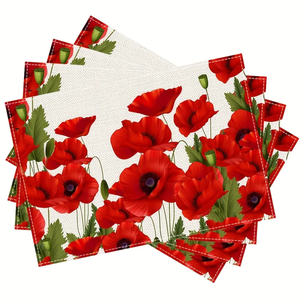 4Pcs, Vintage Red Poppy Flower Placemats, the Best Placemats, Washable, Suitable for Holiday Parties, Home Decor, Kitchen Countertops, Rectangular Dining Rooms, Make Your Dining Room and Kitchen More Beautiful, a Birthday Gift and Housewarming Party Gift for Family and Friends