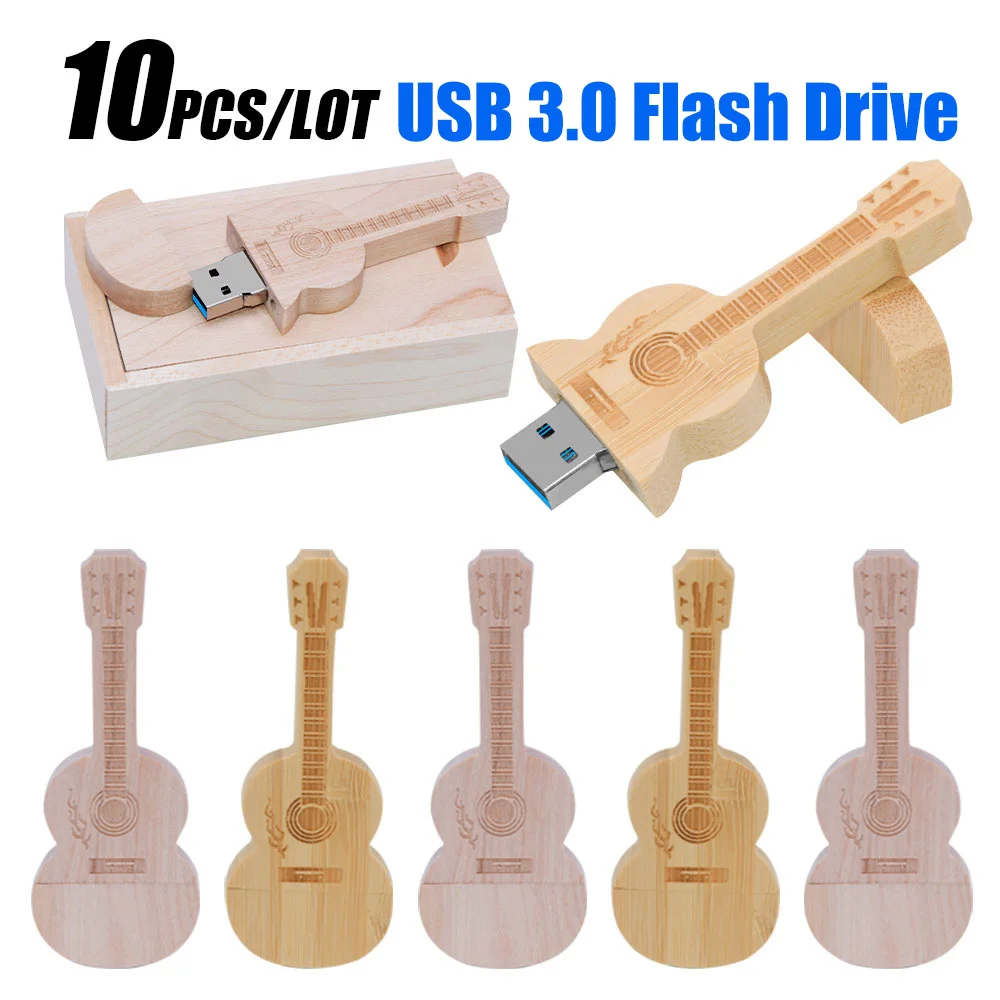 10pcs/lot wooden usb flash drive 3.0 Guitar pen drive 8GB 16GB 32GB 64GB 128GB usb memoria stick free logo pendrive music gifts