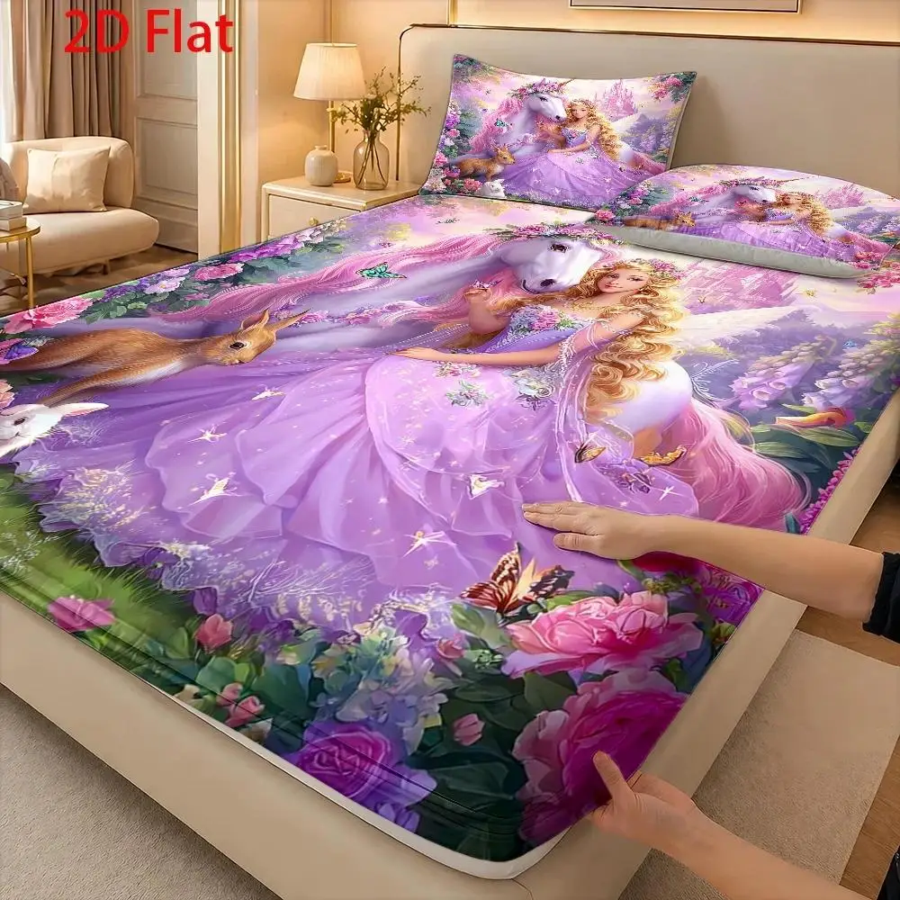 Christmas 2D Digital Print Three-Piece Bedding Set (includes 1 fitted sheet + 2 pillowcases) Mattress Protector, Fitted Sheet Style with Elastic, Protective Cover, Mattress Protector, Fitted Sheet Style Bedding, Colorful Unicorn Theme, Dreamy Fairy Tale, Breathable Polyester