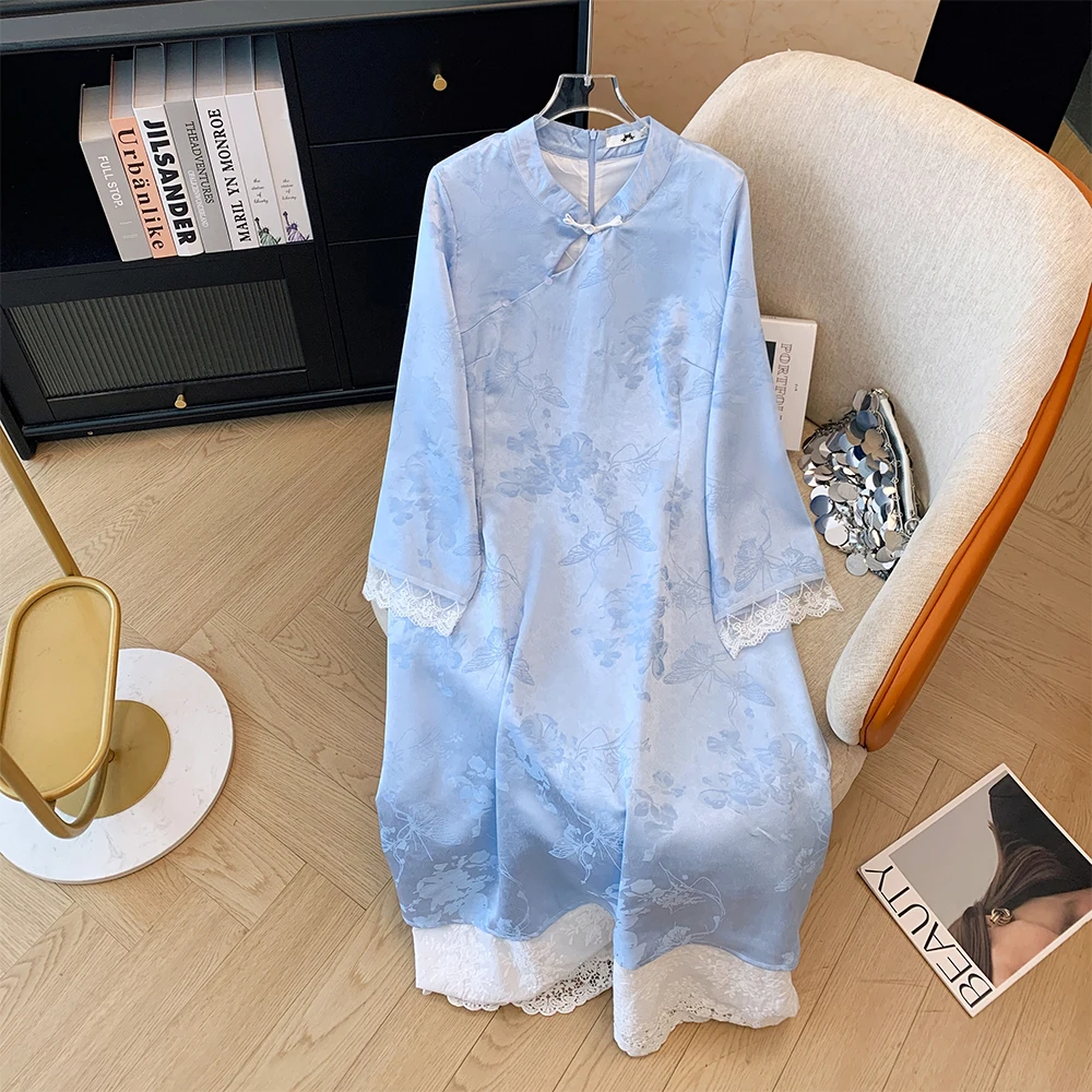 Plus-size women's Autumn casual commuting loose comfortable dress Chinese style blue print long sleeve button lace long dress