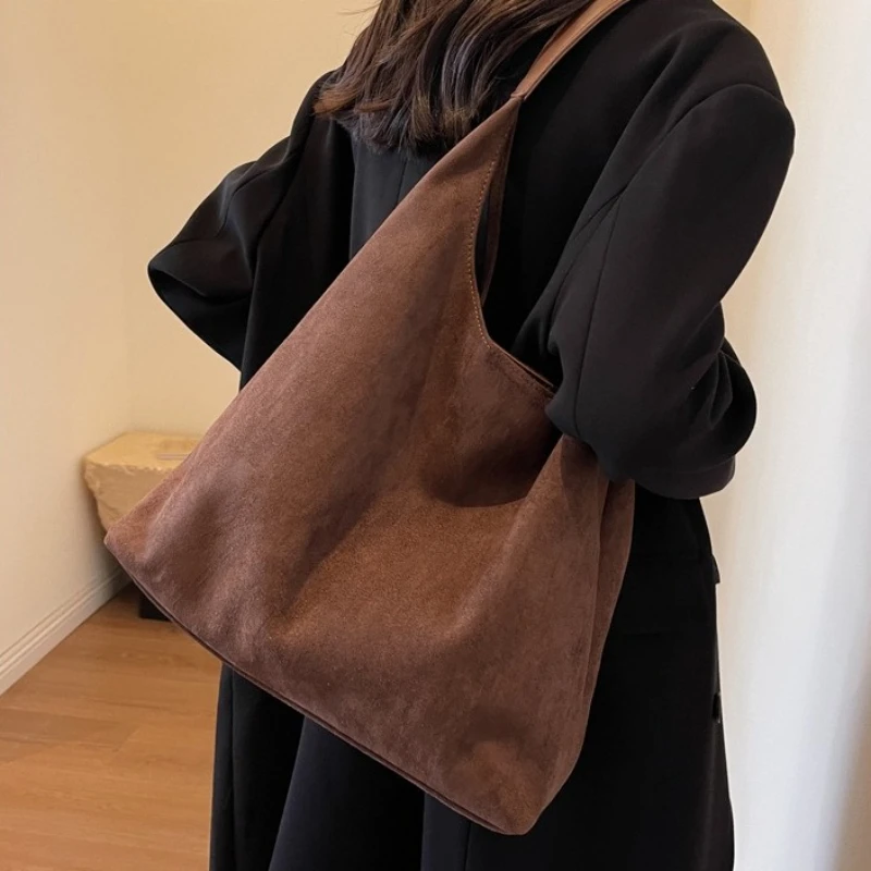 

Vintage Fashion Women's Bag Autumn Suede Shoulder Bag Large Capacity Solid Color Simple Casual Commuter Bags Retro Handbags