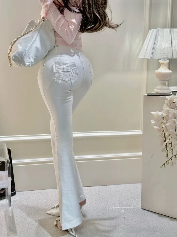 

Корейские джинсы-клеш с высокой талией для женщин, эластичные, с завязками, длинные брюки, осенние, хлопковые, облегающие