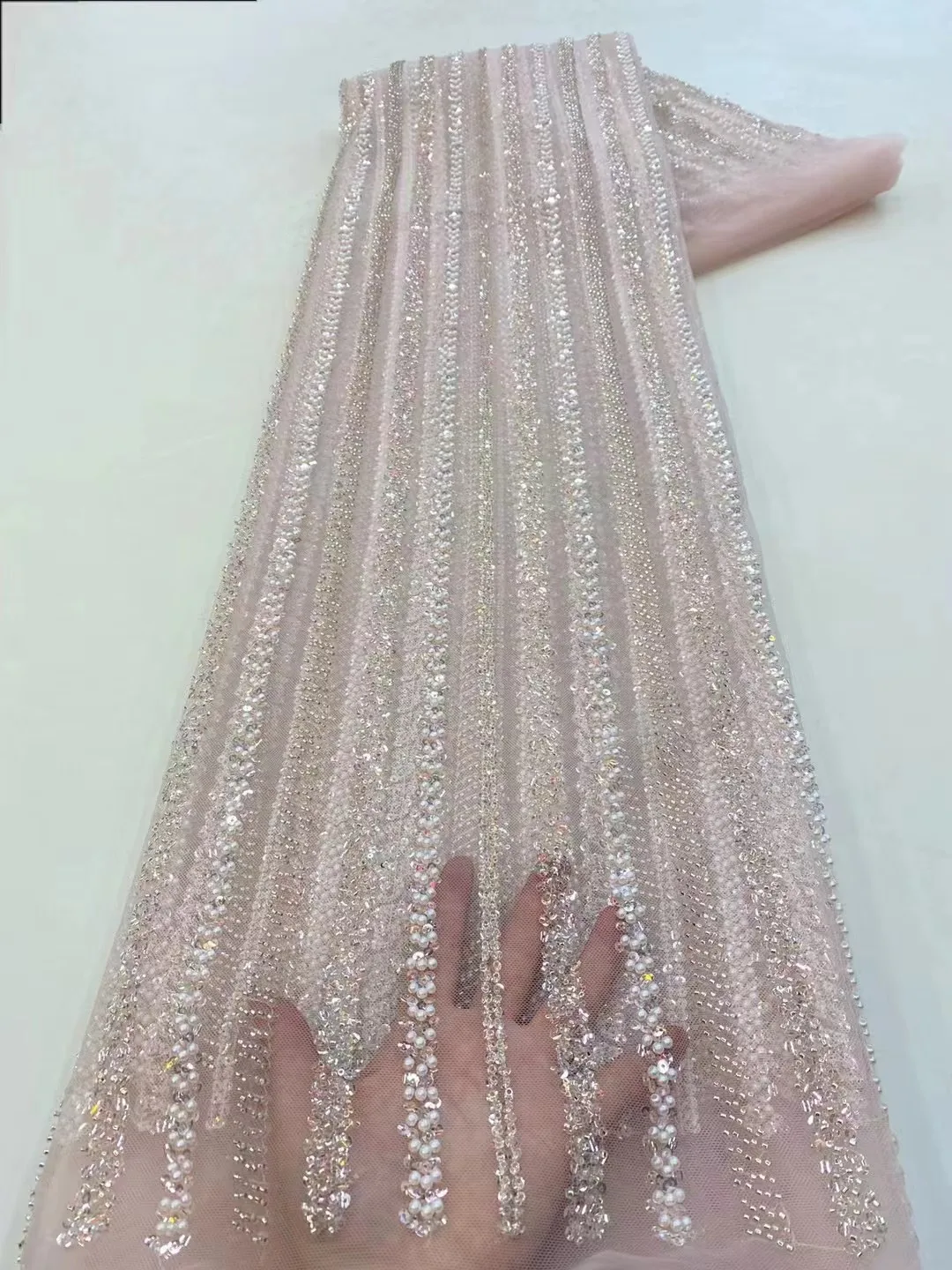 2.5Yards Beaded Lace Fabric French Tulle Embroidery Lace High Quality African Sequins Beads Fabric For Women Wedding Dresses