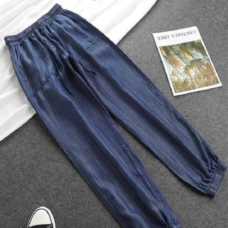 Summer Thin Ice Silk Jeans Women Elastic High Waist Drawstring Harem Pants Loose All-matched Beam Leg Nine Points Denim Pants