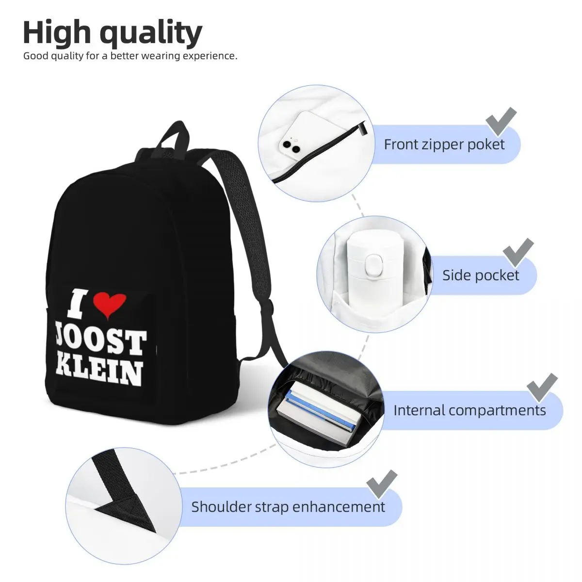 Mochila De moda I Love Joost Klein 2024 Europapa con bolsillo, bolso de hombro para ordenador portátil, escuela secundaria, hombre y mujer