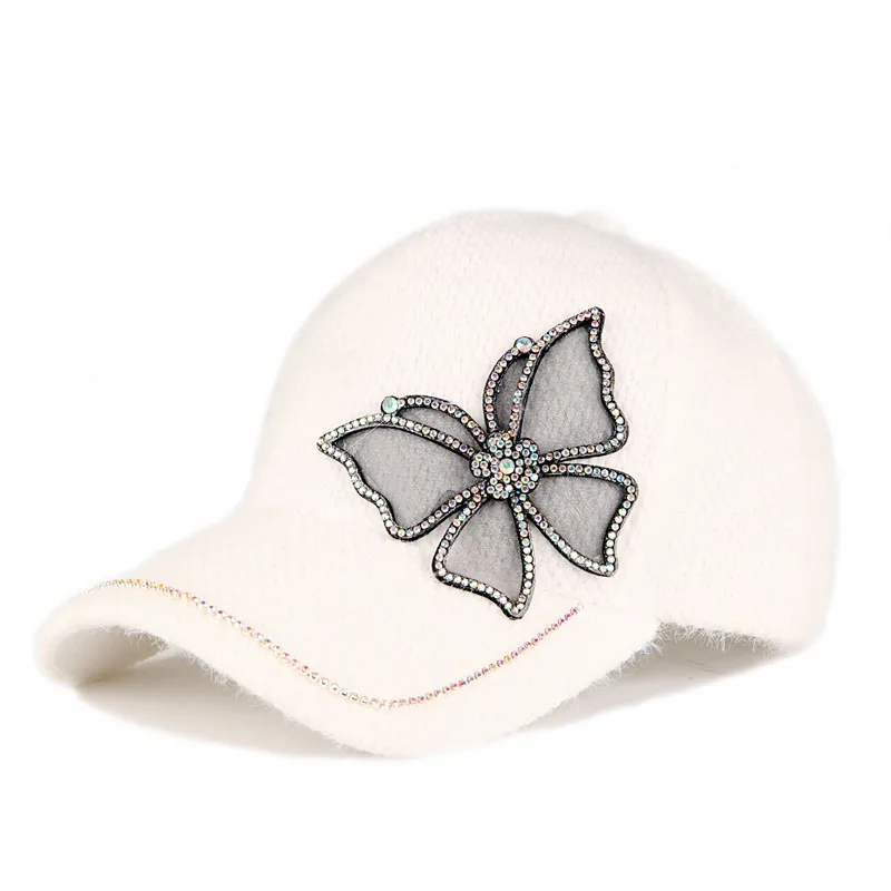 [YARBUU] High Quality Winter Baseball Cap For Women Butterfly Rhinestone Gorras Caps Keep Warm Casquette Hats