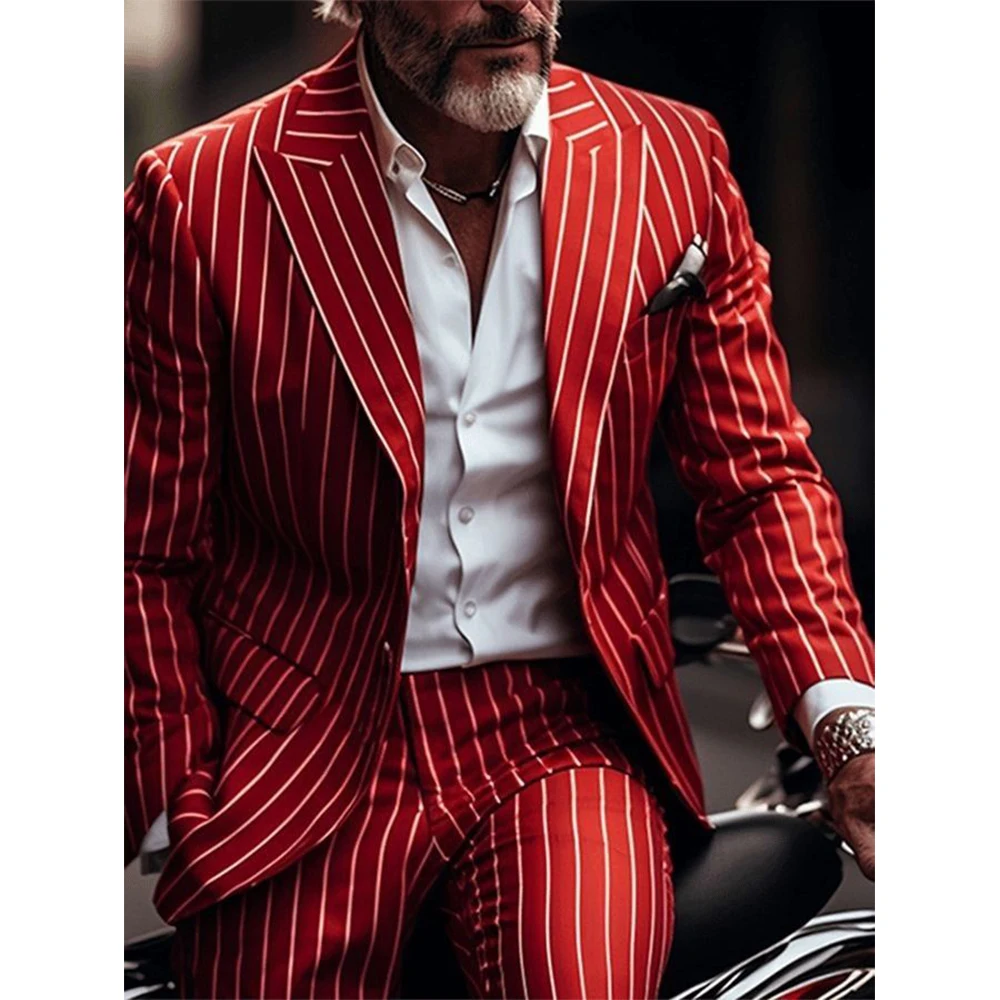 

Elegant Red Stripes 2 Pieces Jacket Pant Sets High Quality One-Button Peak Lapel Outfit Customize Male Business Wedding Clothing