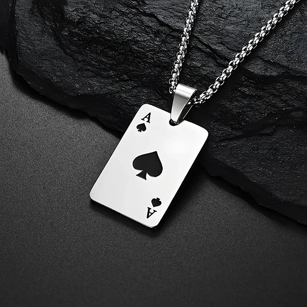 

Hip Hop Stainless Steel Poker Card Ace of Spades Necklace For Men Pendant Chain Playing Cards Jewelry Ace of Hearts Necklaces