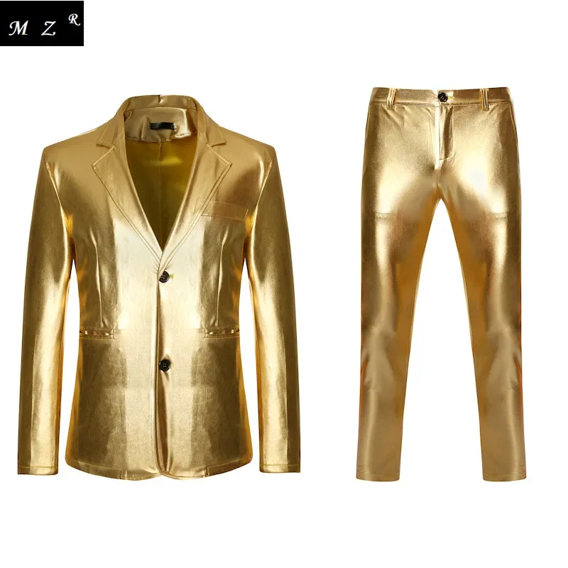 

Men's Shiny Gold 2-piece Suit (Blazer + Pants) Fashion Party DJ Club Dress Tuxedo Suit Men's Stage Singer Costume