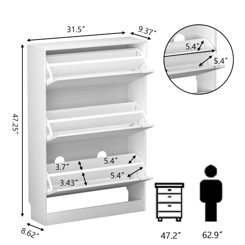 Shoe cabinet storage in the entrance channel, 3 flip drawers, three-layer white shoe cabinet freestanding wooden shoe rack