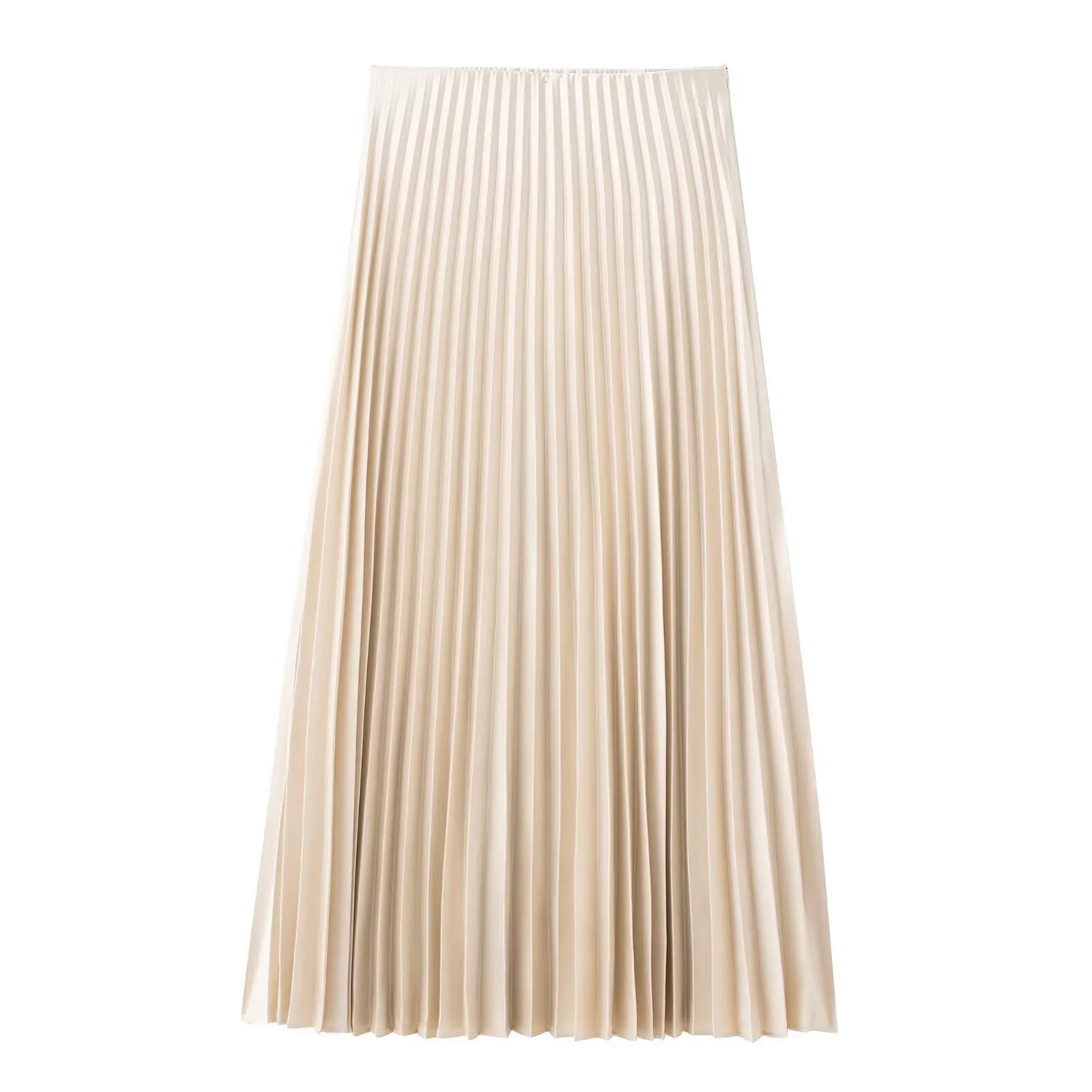 HH Damen Mode Beige A-Linien Midirock Eleganter Hochtaillierter Satin Plissierter Rock 2026 Sommer Neu Lässiger Strand- und Partyrock – Detail 2