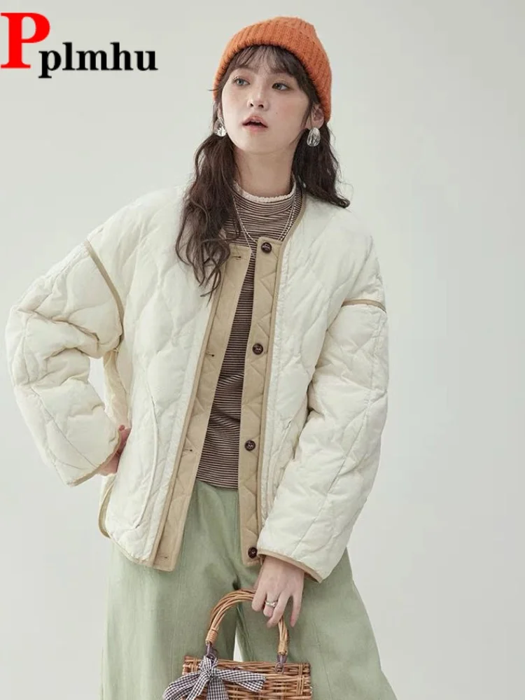 

Patchwork Fashion Button Jackets Coat Women's Casual Contrasting Color Baggy Jaquetas Short Spliced Loose O-Neck Chaquetas