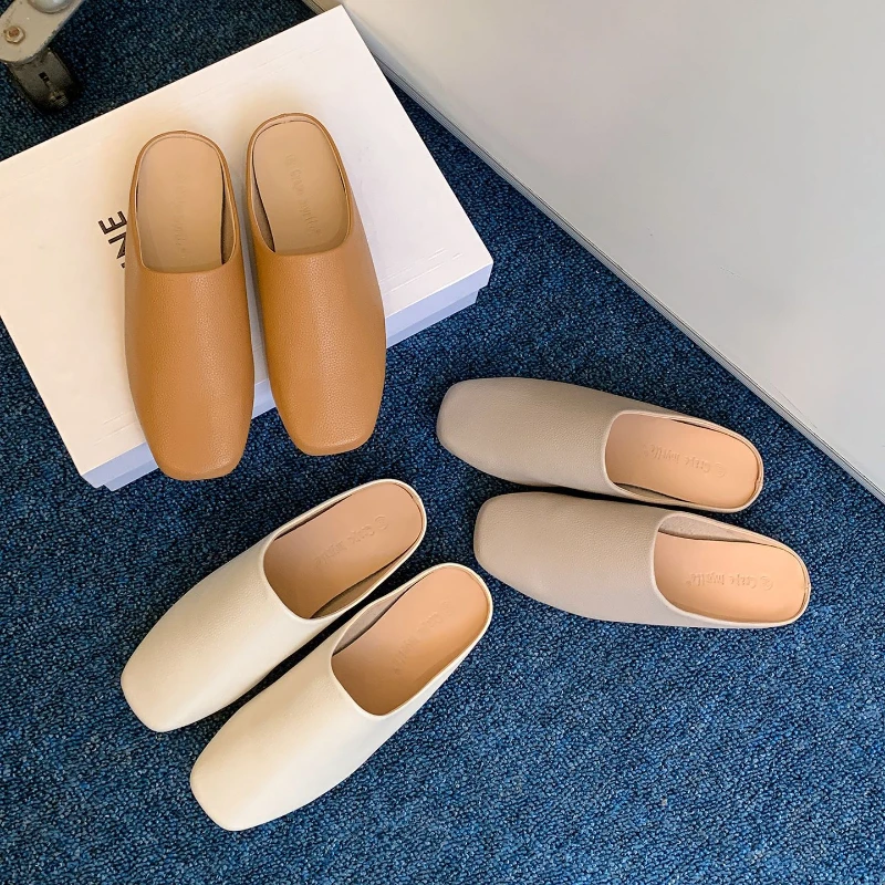 

Women Minimalist Leather Mules Square Toe Slip On Backless Flat Slippers Soft Lightweight Three Color Casual Outdoor Walking
