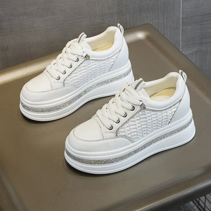 Zapatos blancos de cuero genuino de 7,5 cm, calzado informal para mujer, zapatillas blancas con plataforma para mujer, zapatillas de moda, calzado para caminar.