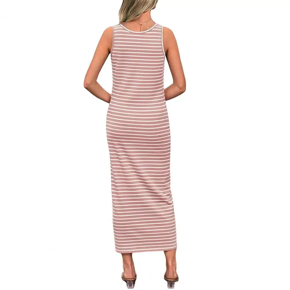 

Striped Tank Dress Striped Print Sleeveless Midi Tank Dress with U Neck Slim Fit Vest Style Buttons Casual Summer Lady's Dress