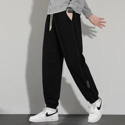 Autumn Winter Men's Solid Elastic High Waist Drawstring Shirring Pockets Harlan Casual Sports Loose Trousers Fashion Pants