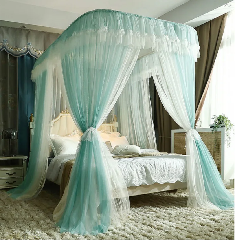 New High Grade U-shaped Mosquito Net Double-layer Yarn Shading Bed Curtain Light Green Household 1.5-2.0M Thickened Dense