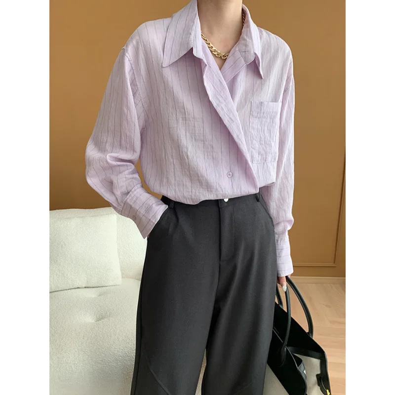 

Women Striped Casual Shirts Spring Turn Down Collar Linen Blend Loose Long Sleeve Shirt Tops