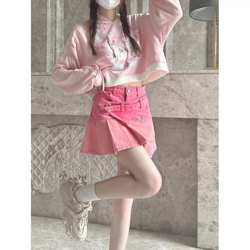 25 Summer New Dopamine Wear Sweet Sister High Waist Denim Skirt Women's Gradual Change Pink Pleated For Skirt