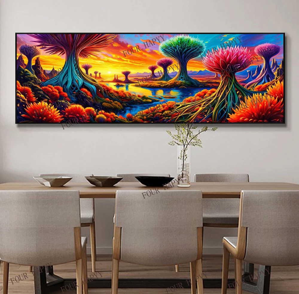 5D DIY Large Diamond Painting Cross Tree-like Colorful Fantasy Landscape Wall Art, Full Round Drill, Embroidery Home Decor