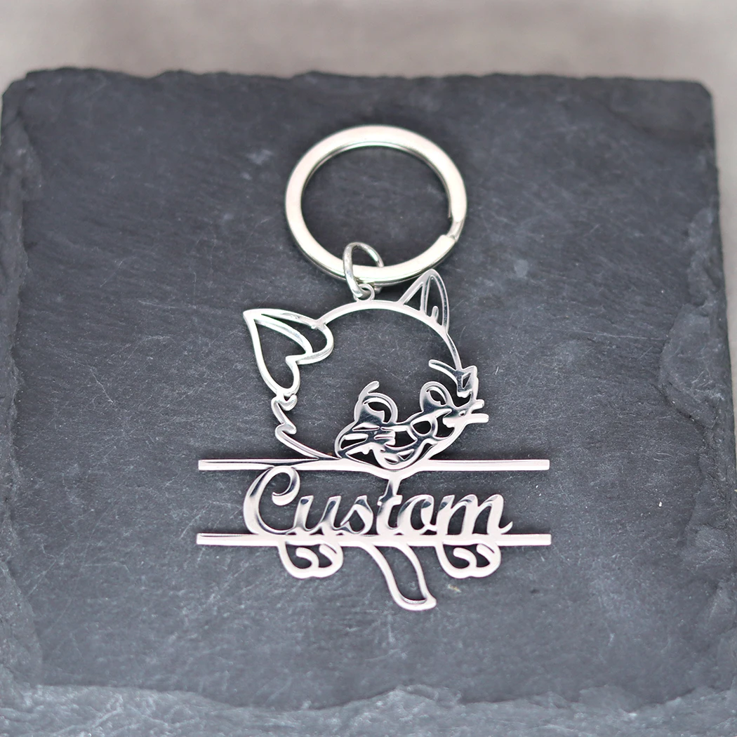 Cute Pet Cat Custom Name Keychain Animal Stainless Steel Jewelry Personalized Men Women Car Keyring Trendy Souvenir Gift