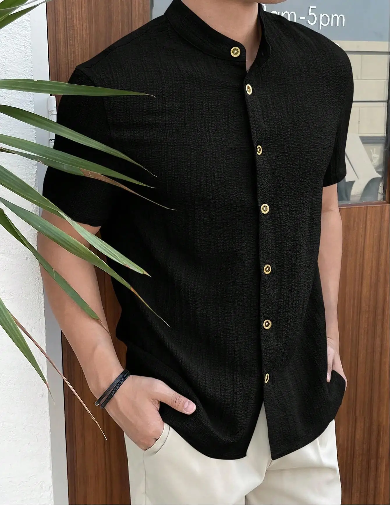 Summer Men's Stand Collar Loose-fitting Cardigan Solid Casual Button Short-sleeve Shirt