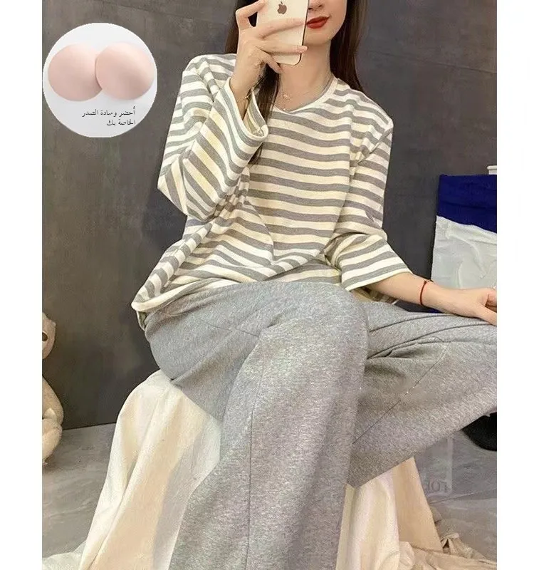 

Women's Spwear with Chest Pad Thin Long Sve Striped Home Clothes Two-Piece Set Spring Autumn Winter New Arrival