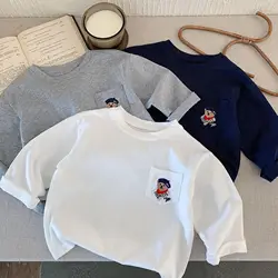 2025 Spring Girls Boys Cute Embroidery Cartoon Bear Long Sleeve Cotton T-shirts Kids Children Casual Tee