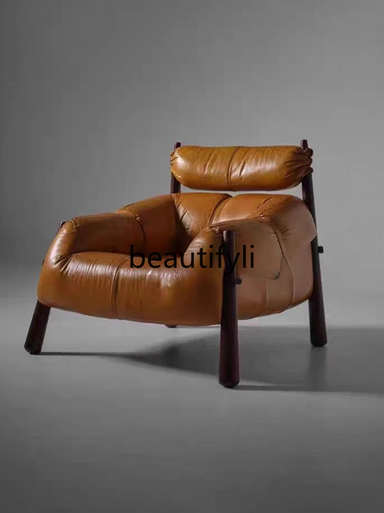 Medieval single sofa chair living room balcony lazy chair retro oil wax leather armrest negotiation chair