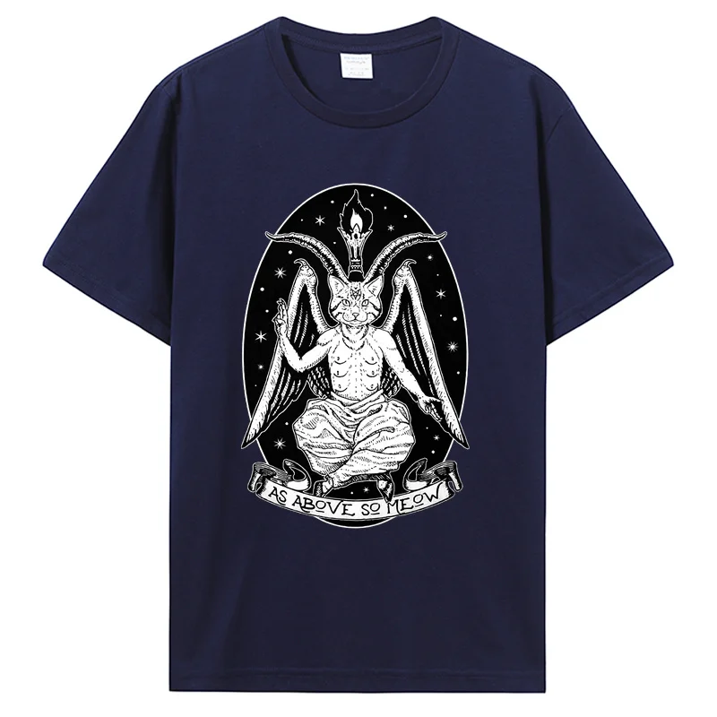 Cat Baphomeow T-shirt Pure Cotton Funny Devil Tshirt O-neck Satam Baphomet Tees Oversized Streetwear Harajuku Men's Clothing