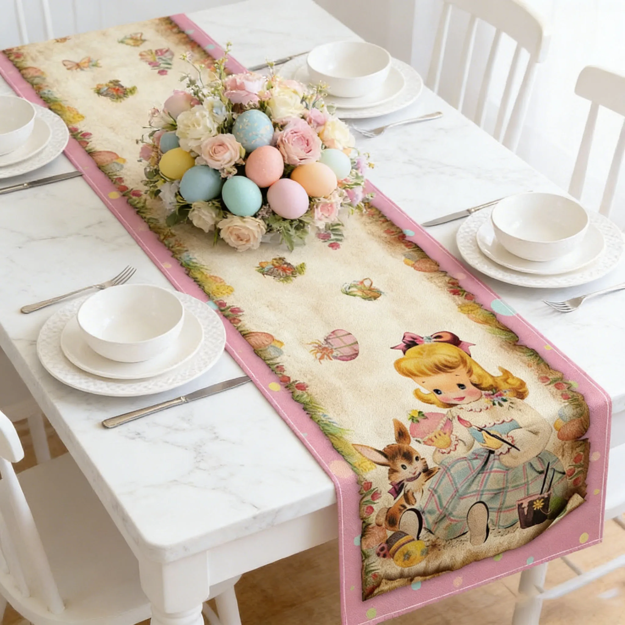 Vintage Rabbit Girl Easter Table Runner, Retro Spring Print for Home Kitchen Table Decor