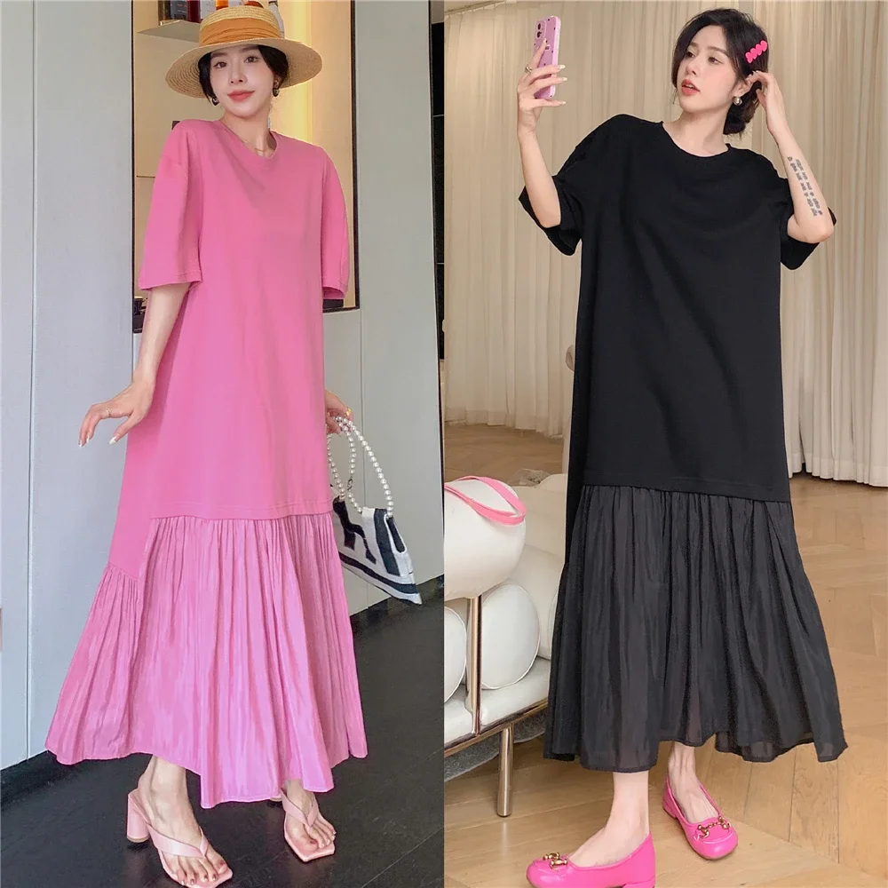 2025 Summer New Long Dress Women's Knitted Fabric Cotton Loose Panel Large Hemline T Shirt Dress Large