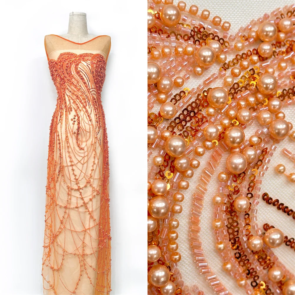 

Luxury Orange High End Embroidered 2025 Tulle Handmade Full pearls Net Lace French Party Evening Dress Wedding Mesh Fabric Diy