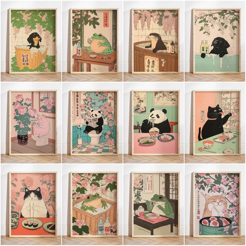 Funny Panda Ukiyo-e Style Toilet Poster Classic Japanese Style Print Canvas Painting Vintage Wall Art Picture for Home Decor