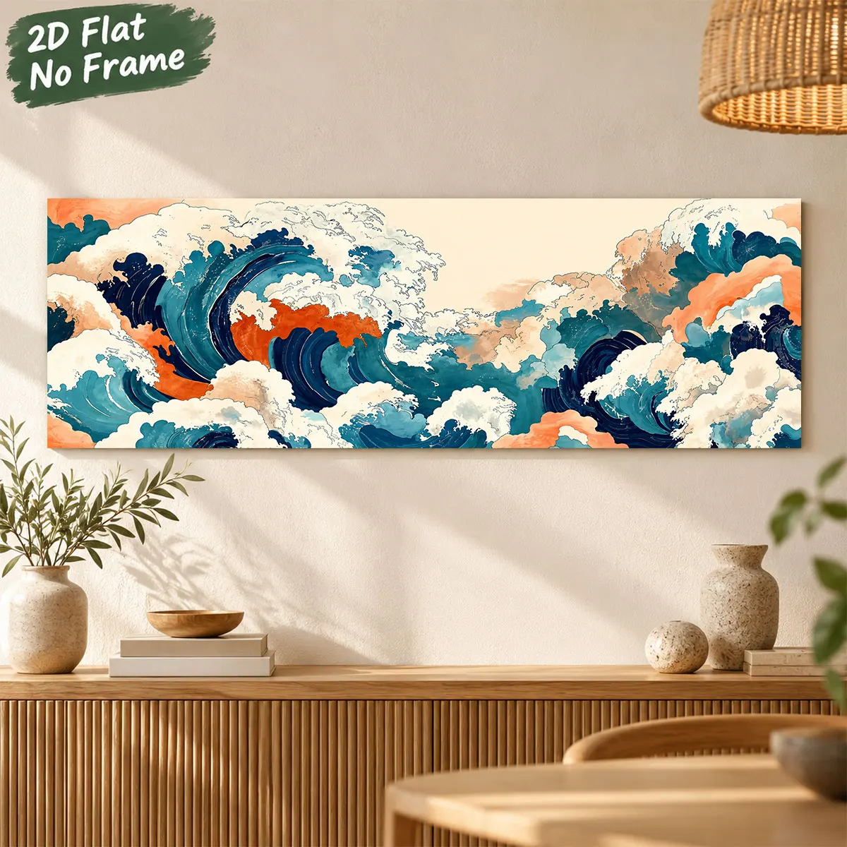 Horizontal Japanese Wave Canvas Wall Art,Ukiyo-e Inspired Ocean Waves Print,Vintage Sea Art,Large Living Room Sofa Home Decor