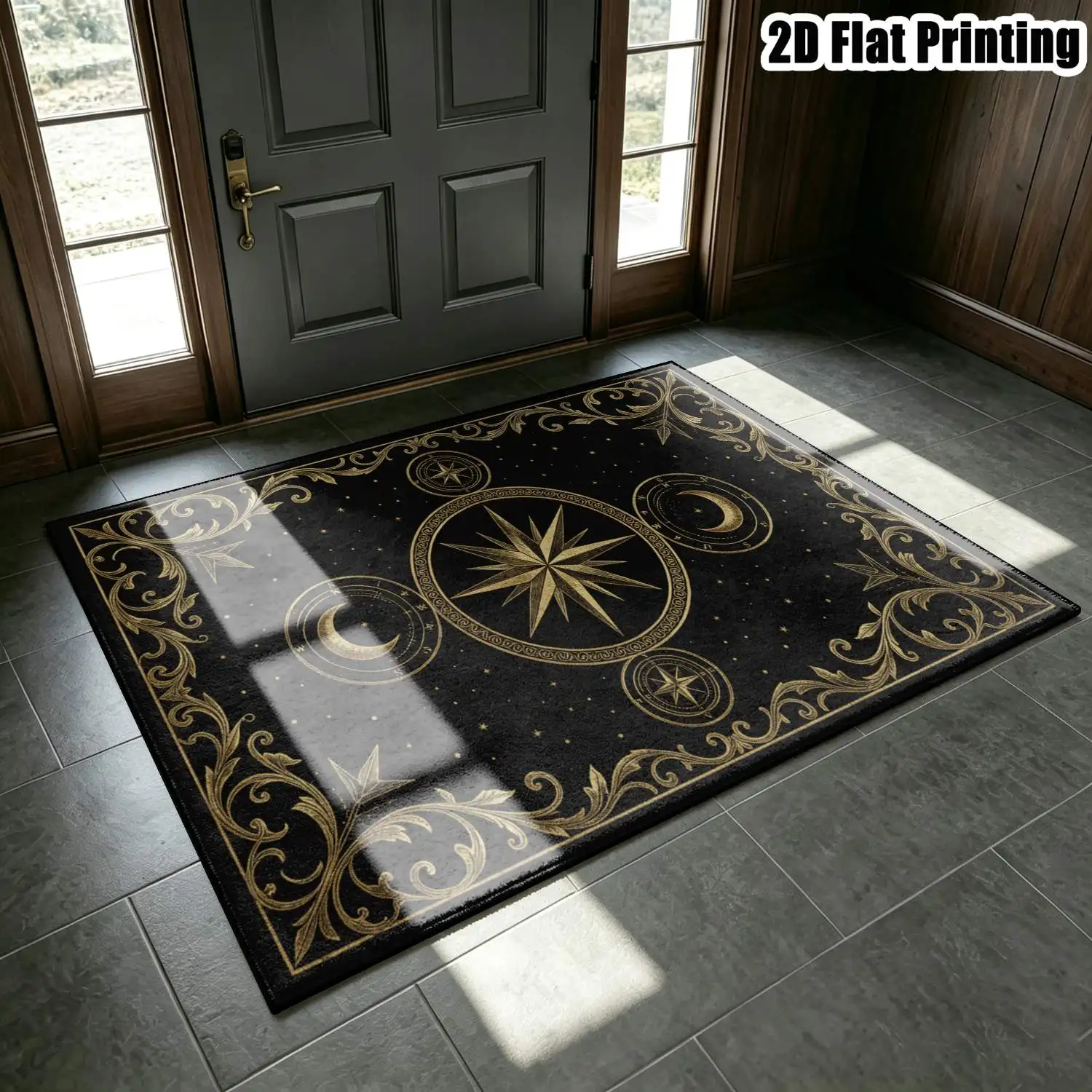 1Pc 2D Printed Carpet with Black Gold Star Crescent Moon Patterns, Retro European Style, Washable, Multi-Size for Home Decor & Multi-Scenarios