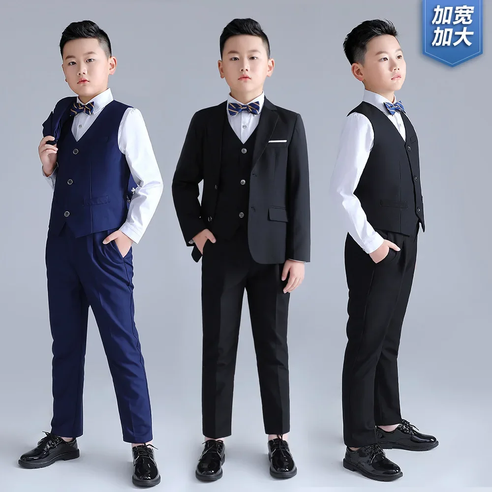 Boys Loose Suits Formal Wear Fat Childrens Teenagers Groomsman Performance Host School Clothes Kids Black Navy Party Full Dress