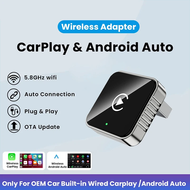 

Беспроводной адаптер Carplay/Android Auto, 5 ГГц, Wi-Fi, смарт-донгл 2-в-1 для Volvo, Benz, Audi, Kia, Hyundai, VW, Mazda, Cadillac, MG, Peugeot