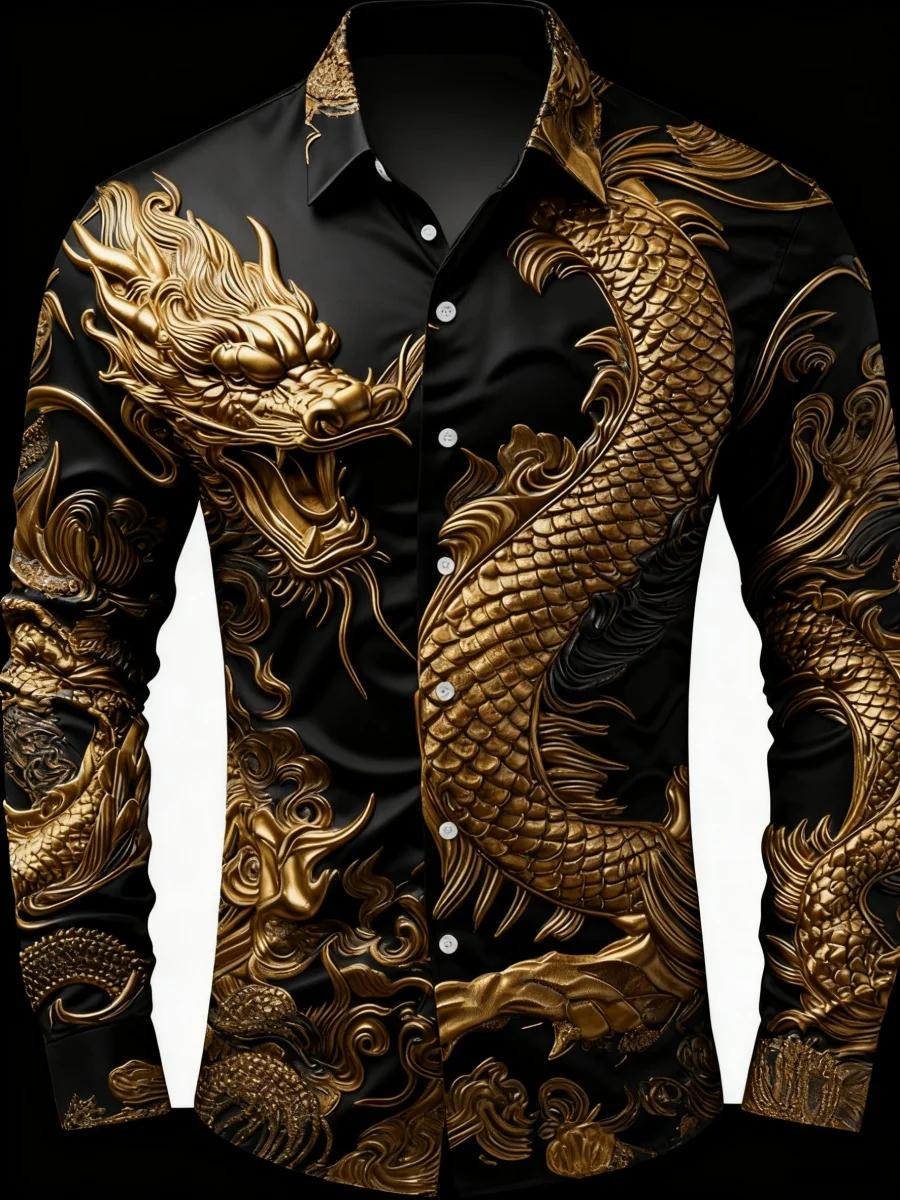 أحدث قميص رجالي عصري بنمط التنين الأسطوري، قميص كاجوال عصري بأزرار سفلية وأكمام طويلة، شحن سريع.