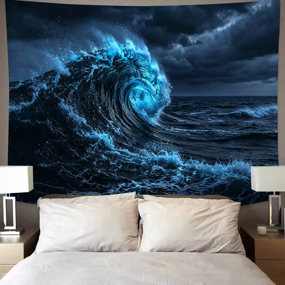 Glowing Blue Ocean Wave Tapestry, Dark Stormy Sea Curling Surf Wall Hanging, Mystical Luminous Sea Wave Nature Scenery Decor