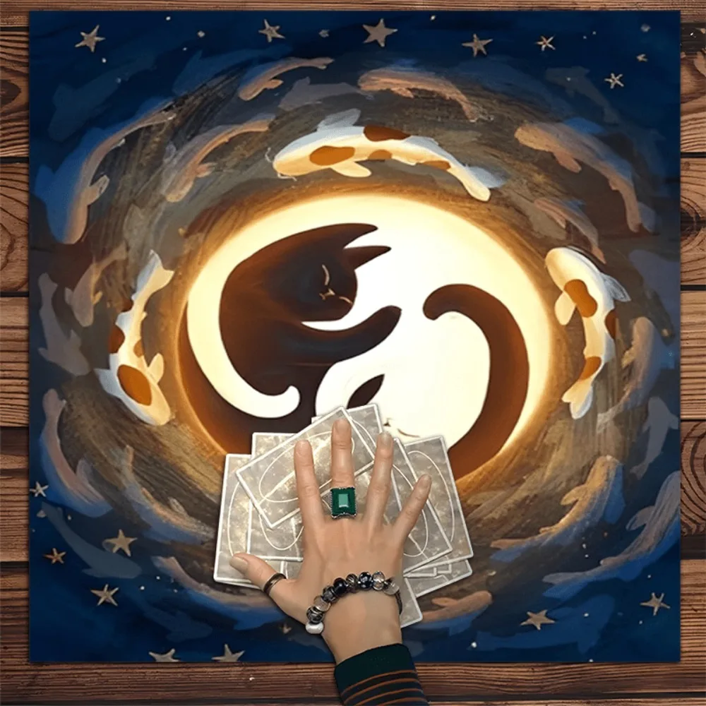 Celestial Cat Yin Yang Tablecloth Single Sided Print Table Cover Home Divination Room Esoteric Decor Gift For Cat And Astrology