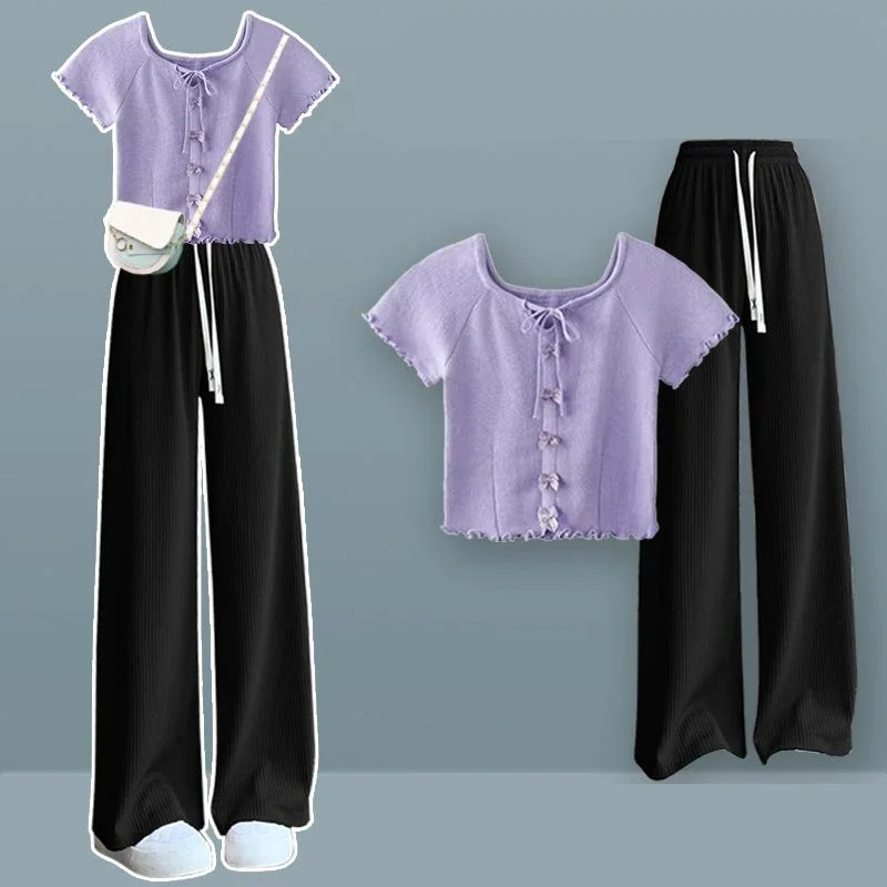 Women Summer Purple Slim Short Sleeve T Shirts Wide Leg Pants 1 or Two Piece Set Preppy Style Student Tops Trousers Outfits 2024