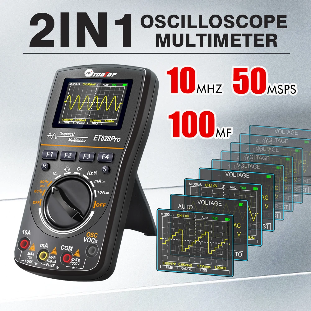 TOOLTOP ET828Pro Intelligent 10MHz 50Msps Digital Oscilloscope Multimeter Graphical 6000 Counts Disply Electrican Repair Tools