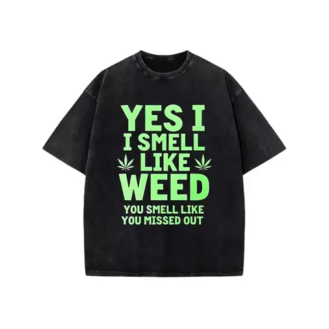 Cotton Yes I Smell Like Weed 21 Men's Graphic T-Shirt Black Neon Green Leaf Design Breathable Crew Neck Regular Fit Casual Short Sleeve Top for Summer Year Round Wear