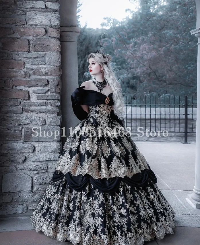 Abito da ballo vittoriano Vintage nero monospalla in pizzo Applique abiti da sposa con anima Masquerade Ball Halloween Cosplay Evening