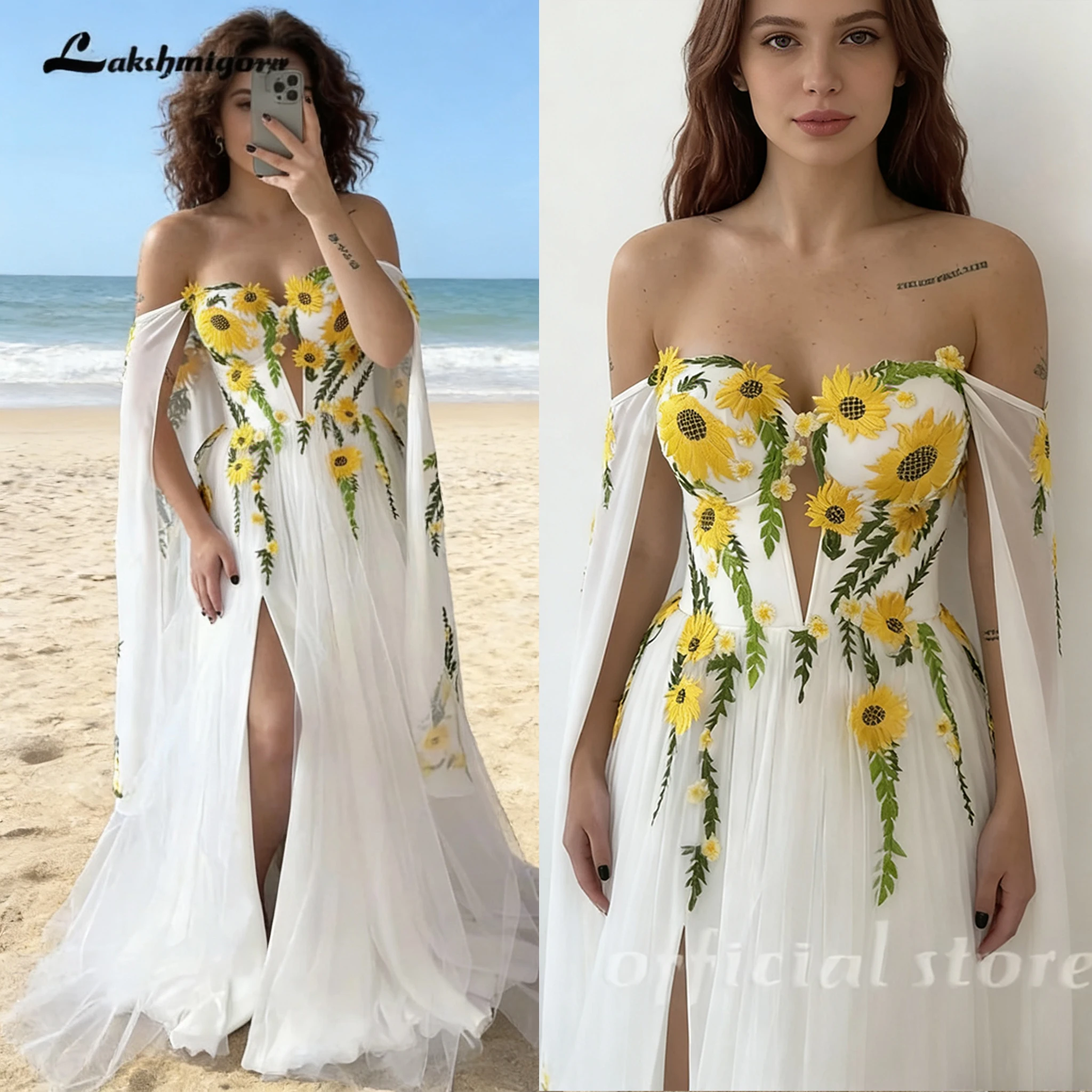 Lakshmigown Schulterfreies V-Ausschnitt Sonnenblumen-Hochzeitskleid Elegantes, seitlich geschlitztes, bodenlanges Brautkleid Robe de mariée Maßanfertigung – Detail 5
