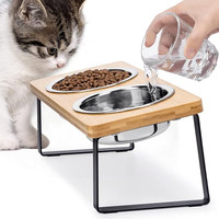 Elevated Cat Bowls for Food and Water 15° Tilted Raised Stainless Steel Cat Food Bowl with Bamboo Stand and Anti Vomit