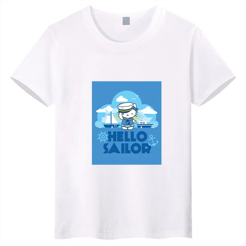 

Summer Hello Kitty Blue Sky Cute Pattern Cartoon Printed Children's T-shirt Round Neck Pure Cotton Casual Top Short Sleeve